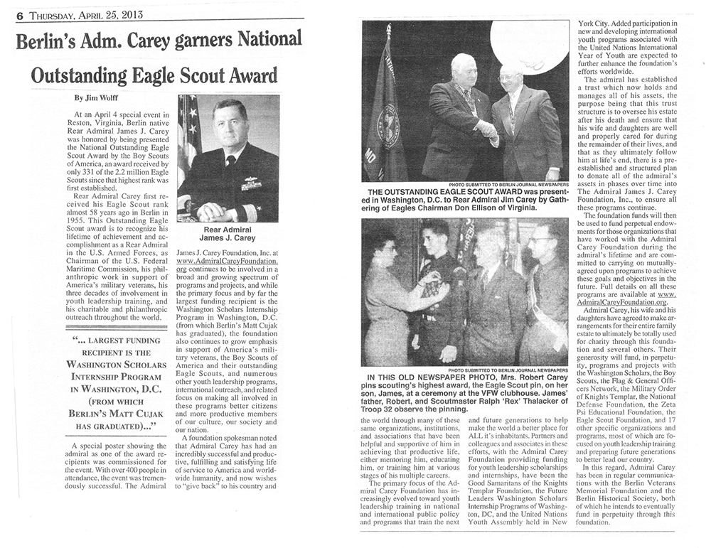 Berlin Journal article regarding Admiral Carey's award as an Outstanding Eagle Scout: April 25, 2013